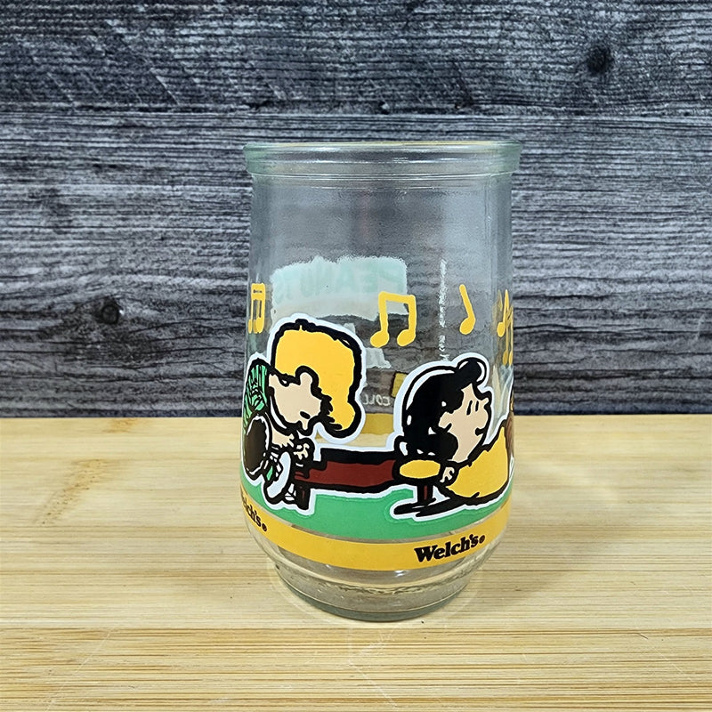 Load image into Gallery viewer, Vintage Peanuts Welch's Jelly Jar Let’s Just Play Along Lucy Linus Glass Comics
