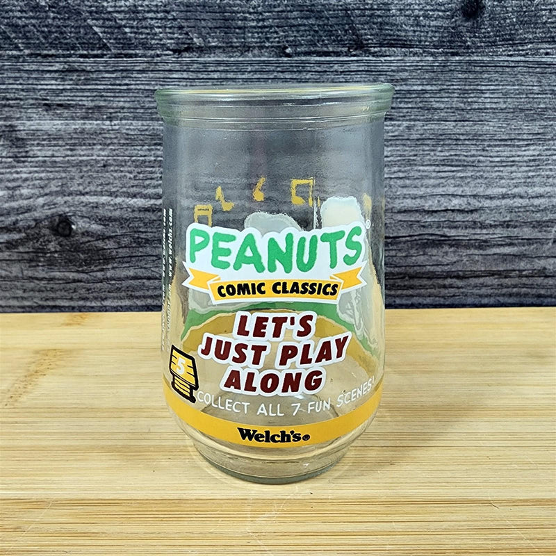Load image into Gallery viewer, Vintage Peanuts Welch's Jelly Jar Let’s Just Play Along Lucy Linus Glass Comics
