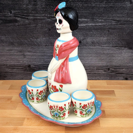 Day of the Dead Decanter Set 6pc Sugar Skull Bottle 4 Shot Cups Platter Blue Sky