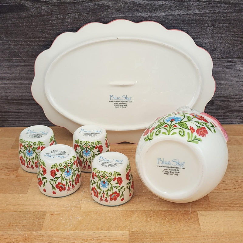 Load image into Gallery viewer, Day of the Dead Decanter Set 6pc Sugar Skull Bottle 4 Shot Cups Platter Blue Sky
