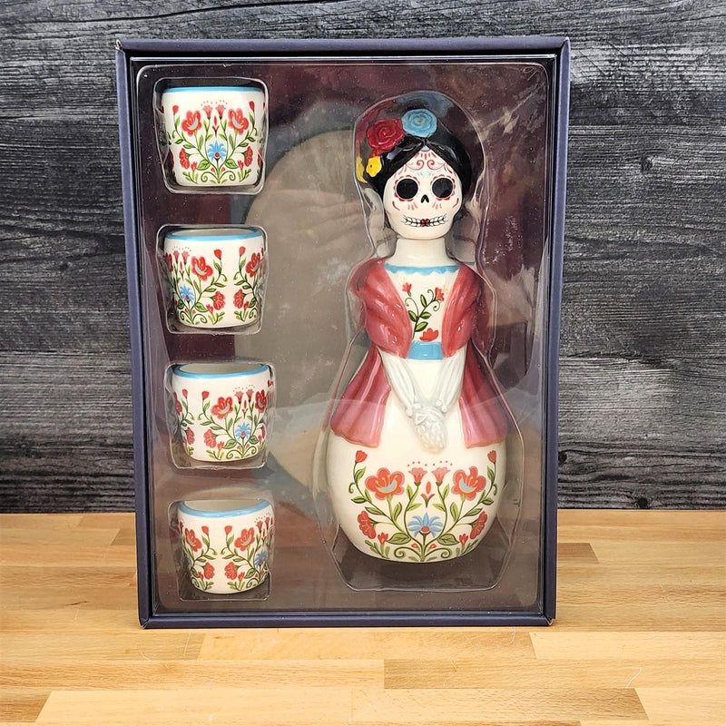 Load image into Gallery viewer, Day of the Dead Decanter Set 6pc Sugar Skull Bottle 4 Shot Cups Platter Blue Sky
