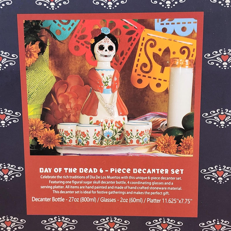 Load image into Gallery viewer, Day of the Dead Decanter Set 6pc Sugar Skull Bottle 4 Shot Cups Platter Blue Sky
