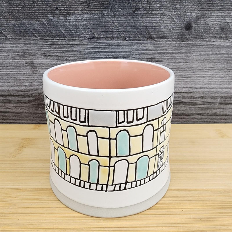 Load image into Gallery viewer, Whimsical Cityscape Coffee Mug Pastel Design Pink Interior Pottery Cup Blue Sky
