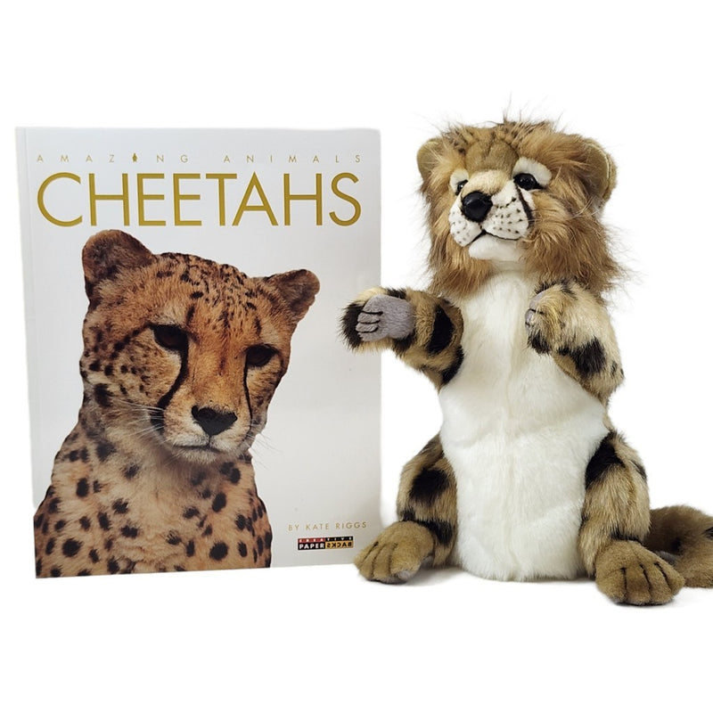 Load image into Gallery viewer, Cheetah Hand Puppet &amp; Book Set Animal Educational Reading Imaginative Play Hansa
