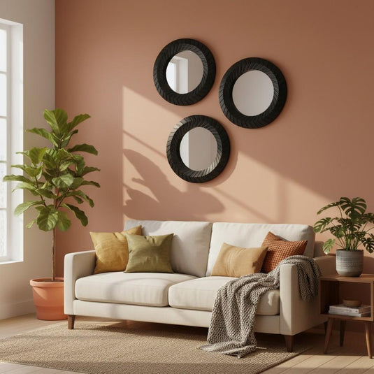 Chevron Black Mirror Set of 3 Round Boho Chic Home Accessory Scandinavian Style