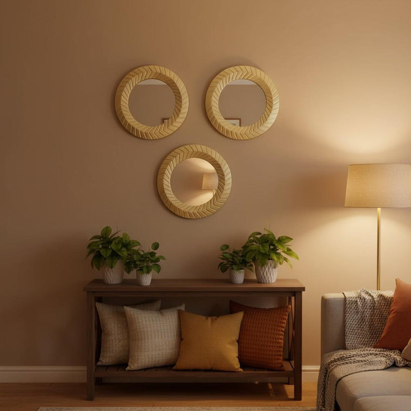 Load image into Gallery viewer, Chevron Gold Mirror Set of 3 Round Boho Chic Home Accessory Scandinavian Style
