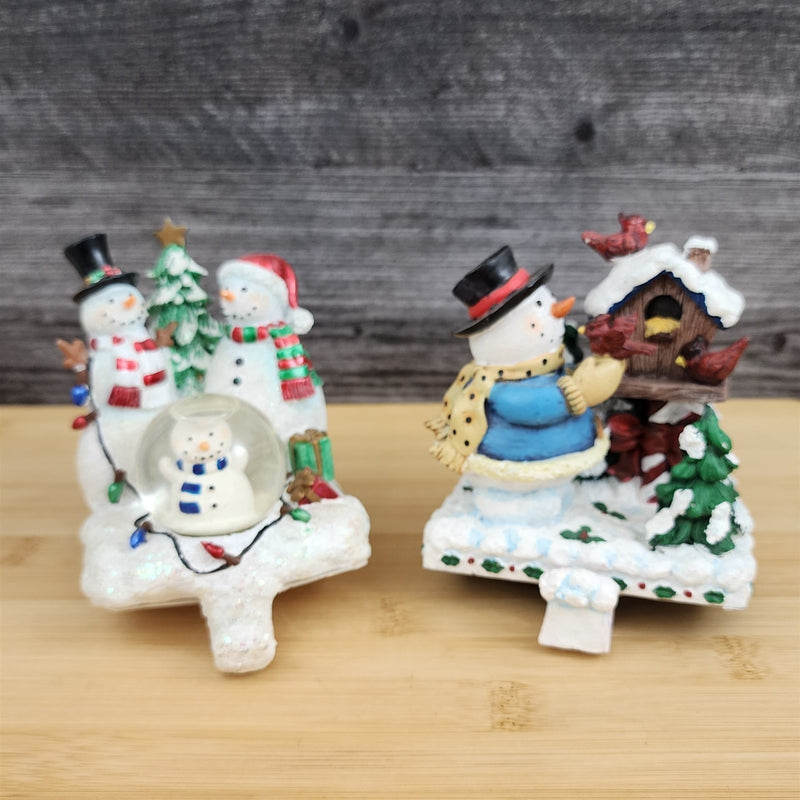 Load image into Gallery viewer, Christmas Stocking Holder Set Snowman Scene Fireplace Mantel Hooks Ceramic
