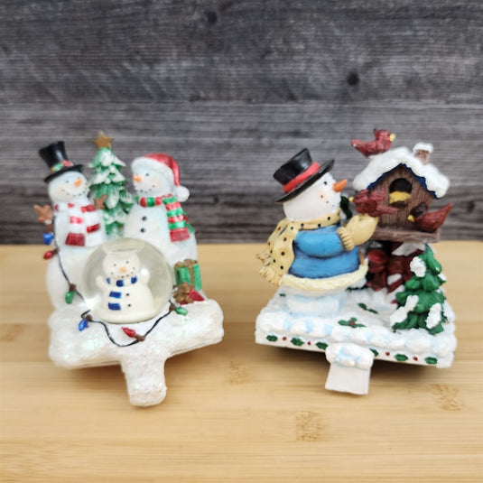 Christmas Stocking Holder Set Snowman Scene Fireplace Mantel Hooks Ceramic
