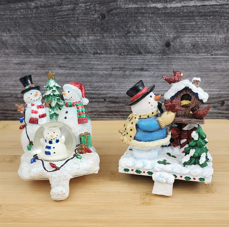Load image into Gallery viewer, Christmas Stocking Holder Set Snowman Scene Fireplace Mantel Hooks Ceramic
