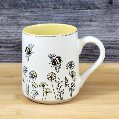 Bee and Flower Garden Themed Coffee Mug 18oz White Yellow Ceramic Cup Blue Sky