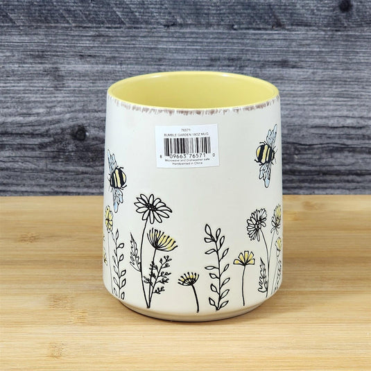 Bee and Flower Garden Themed Coffee Mug 18oz White Yellow Ceramic Cup Blue Sky