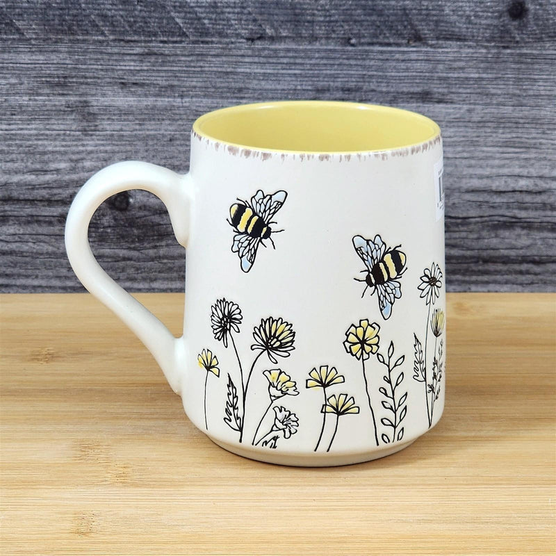 Load image into Gallery viewer, Bee and Flower Garden Themed Coffee Mug 18oz White Yellow Ceramic Cup Blue Sky
