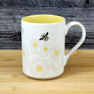 Bee Themed Coffee Mug 18oz Embossed Floral White Yellow Ceramic Tea Cup Blue Sky