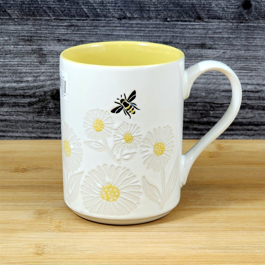 Bee Themed Coffee Mug 18oz Embossed Floral White Yellow Ceramic Tea Cup Blue Sky