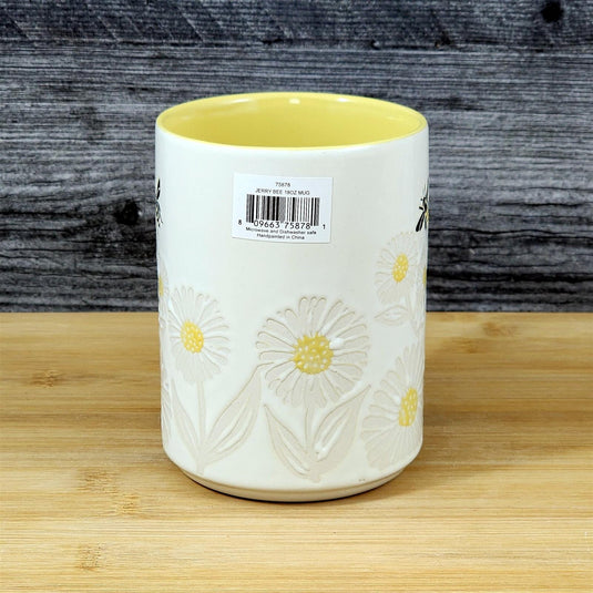 Bee Themed Coffee Mug 18oz Embossed Floral White Yellow Ceramic Tea Cup Blue Sky
