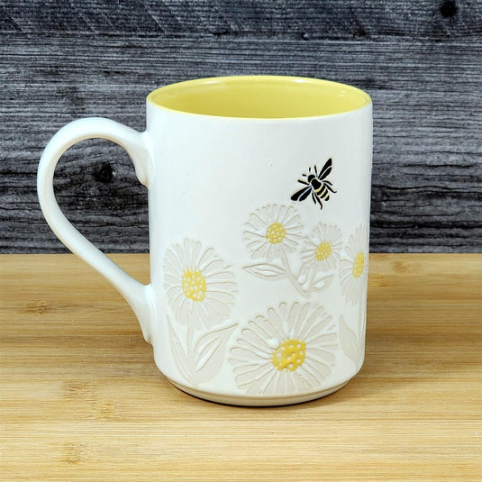 Bee Themed Coffee Mug 18oz Embossed Floral White Yellow Ceramic Tea Cup Blue Sky