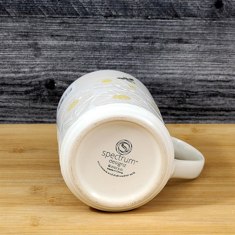 Load image into Gallery viewer, Bee Themed Coffee Mug 18oz Embossed Floral White Yellow Ceramic Tea Cup Blue Sky
