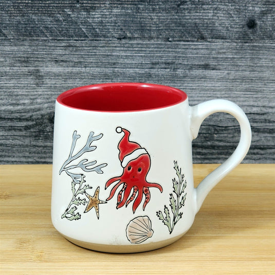 Christmas Octopus Coffee Mug Santa Hat Ceramic Nautical Holiday Cup Blue Sky
