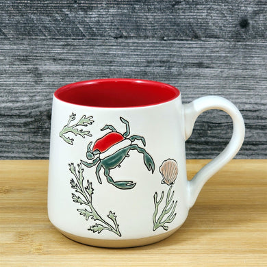 Christmas Beach Crab Coffee Mug Santa Hat Ceramic Nautical Holiday Cup Blue Sky