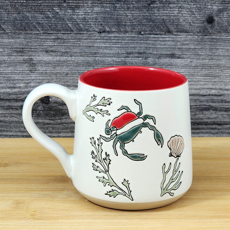 Load image into Gallery viewer, Christmas Beach Crab Coffee Mug Santa Hat Ceramic Nautical Holiday Cup Blue Sky
