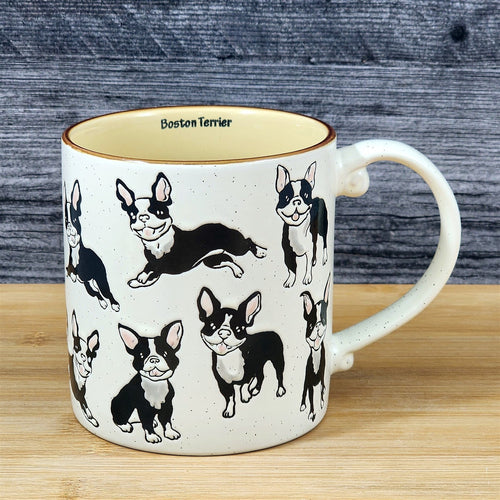 Boston Terrier Coffee Mug Boxwood Bull Dog Breed Ceramic Tea Cup Blue Sky 21oz
