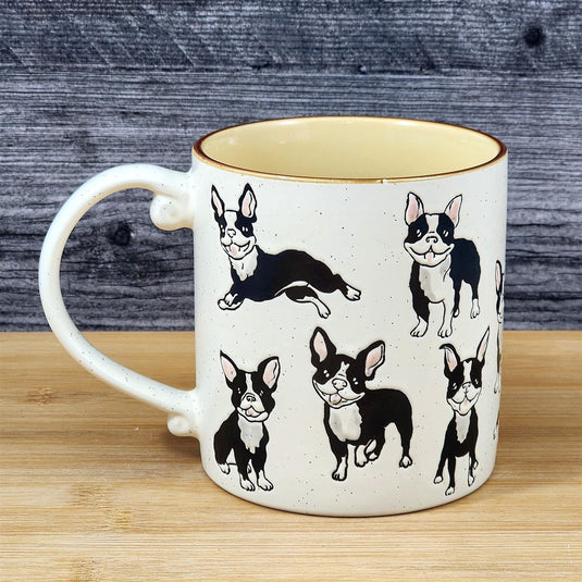 Boston Terrier Coffee Mug Boxwood Bull Dog Breed Ceramic Tea Cup Blue Sky 21oz