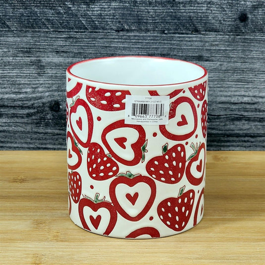 Strawberry Mug Coffee Tea Cup 21oz Red and White Heart Handle Ceramic Blue Sky