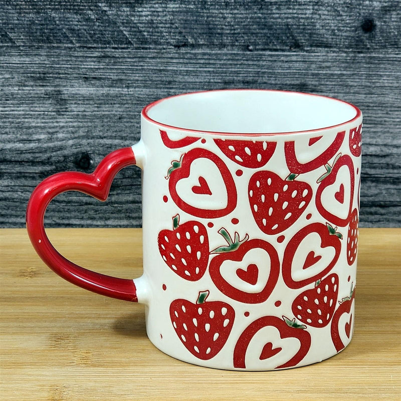 Load image into Gallery viewer, Strawberry Mug Coffee Tea Cup 21oz Red and White Heart Handle Ceramic Blue Sky
