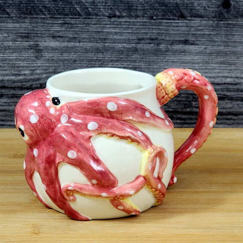 Red Octopus Coffee Mug Ceramic Embossed Tea Cup Ocean Sea Life Blue Sky Goldminc