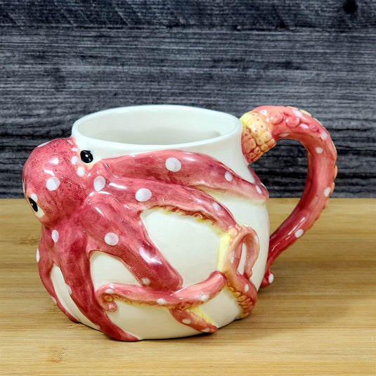 Red Octopus Coffee Mug Ceramic Embossed Tea Cup Ocean Sea Life Blue Sky Goldminc