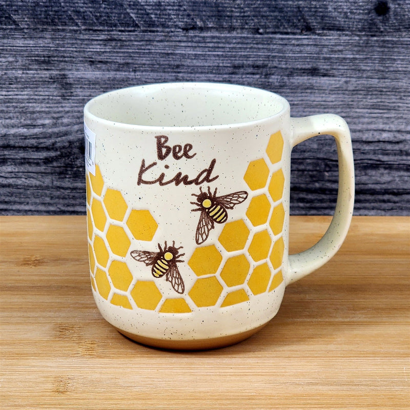 Load image into Gallery viewer, Bee Kind Coffee Mug 16oz Embossed Floral White Yellow Ceramic Tea Cup Blue Sky
