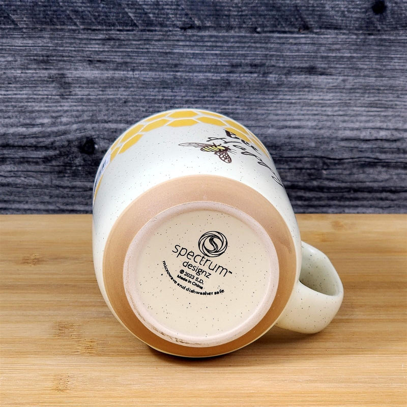 Load image into Gallery viewer, Bee Happy Coffee Mug 16oz Embossed Floral White Yellow Ceramic Tea Cup Blue Sky
