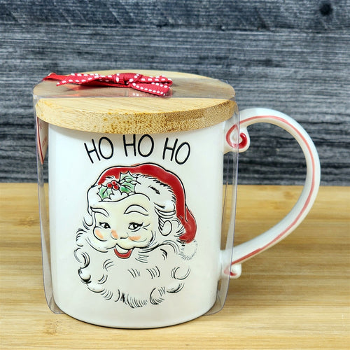 Holiday Santa Coffee Mug with Lid Embossed Christmas Cup Ceramic Red by Blue Sky