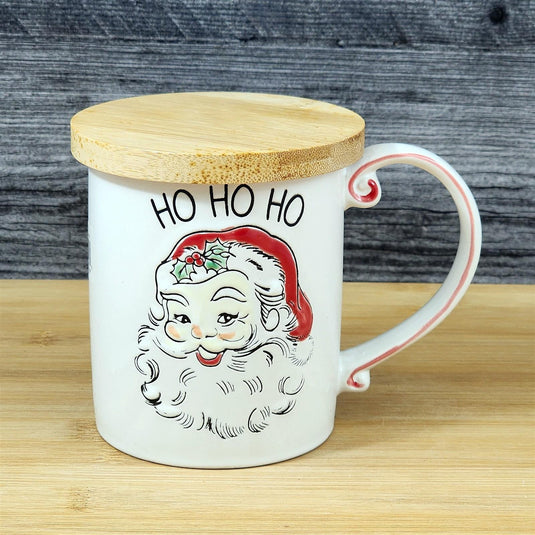 Holiday Santa Coffee Mug with Lid Embossed Christmas Cup Ceramic Red by Blue Sky