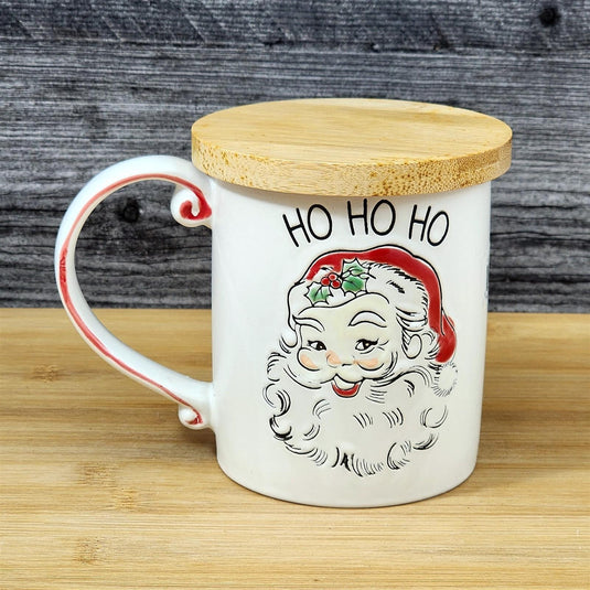 Holiday Santa Coffee Mug with Lid Embossed Christmas Cup Ceramic Red by Blue Sky