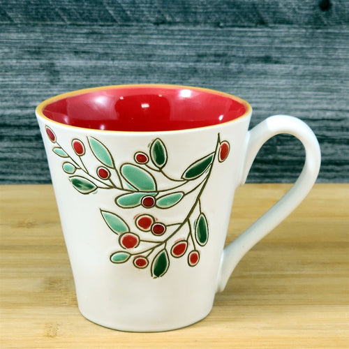 Holiday Cranberry Pine Coffee Mug 17oz (455ml) Embossed Christmas Cup Blue Sky