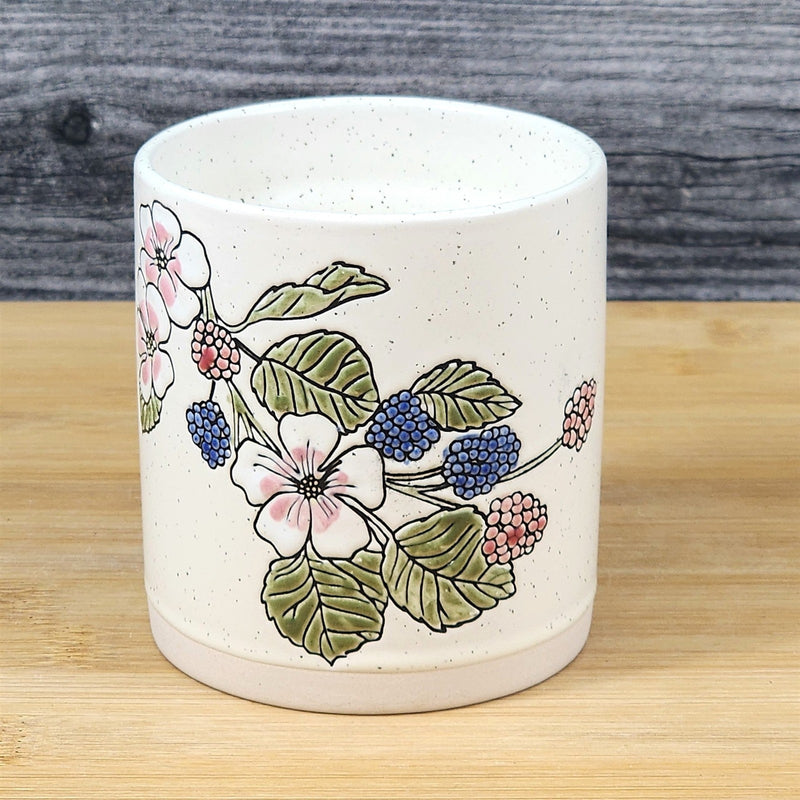 Load image into Gallery viewer, Garden Flowers Stoneware Candle Starfruit Kiwi Scent Essential Oils Blue Sky
