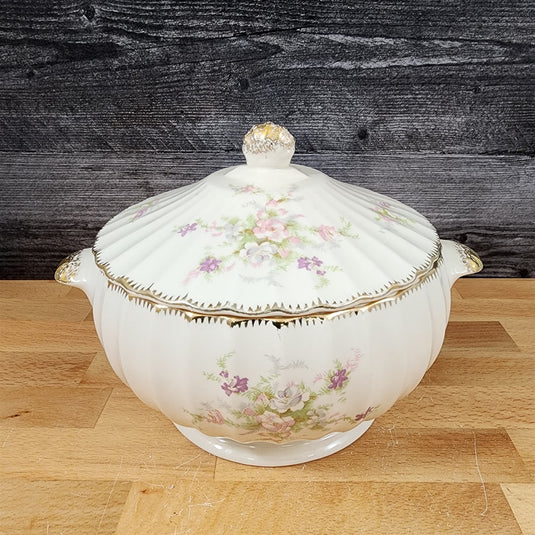 Limoges Floral Vegetable Bowl & Lid La France USA 22 K Gold Scalloped Edge Trim