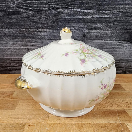 Limoges Floral Vegetable Bowl & Lid La France USA 22 K Gold Scalloped Edge Trim