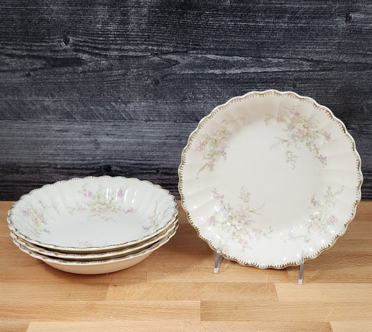 4 Limoges Floral Coupe Soup Bowls La France USA 22 K Gold Scalloped Edge Trim