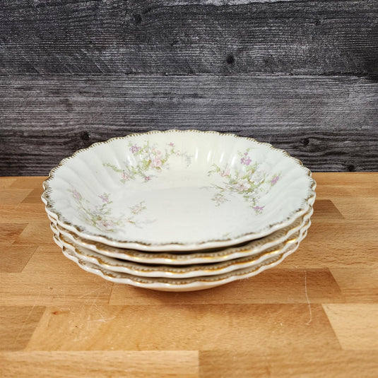 4 Limoges Floral Coupe Soup Bowls La France USA 22 K Gold Scalloped Edge Trim