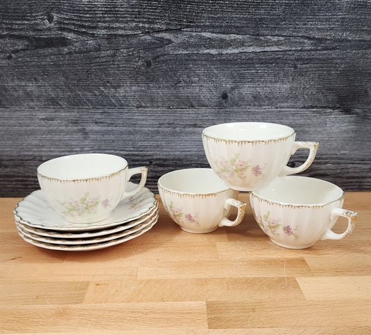 Limoges Floral Cup Saucer Set of 4 La France USA 22 K Gold Scalloped Edge Trim