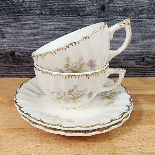 Limoges Floral Cup Saucer Set of 2 La France USA 22 K Gold Scalloped Edge Trim