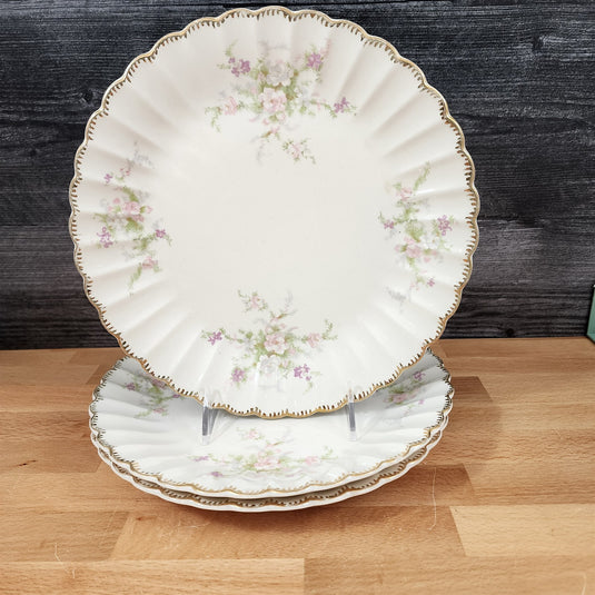 Limoges Floral Dinner Plate Set of 3 La France USA 22 K Gold Scalloped Edge Trim