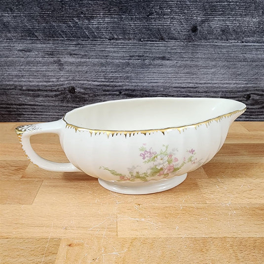 Limoges Floral Oval Gravy Boat La France USA 22 K Gold Scalloped Edge Trim