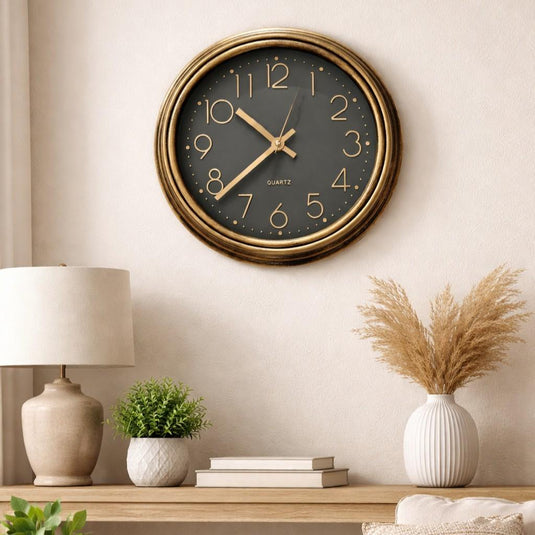 Elegant Brushed Gold Metal Wall Clock Minimalist Quartz 12 inch Plastic