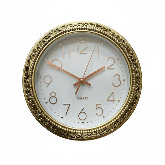 Gold Tone Round Wall Clock Rose Gold Numbers Elegant Home Wall Decor Plastic 12"