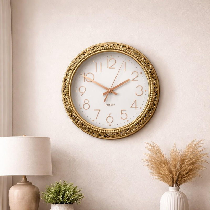 Load image into Gallery viewer, Gold Tone Round Wall Clock Rose Gold Numbers Elegant Home Wall Decor Plastic 12"
