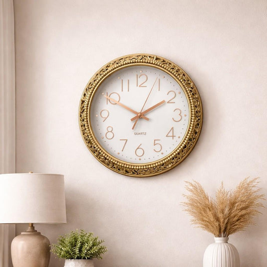 Gold Tone Round Wall Clock Rose Gold Numbers Elegant Home Wall Decor Plastic 12"