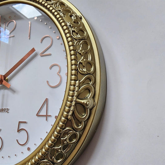Gold Tone Round Wall Clock Rose Gold Numbers Elegant Home Wall Decor Plastic 12"